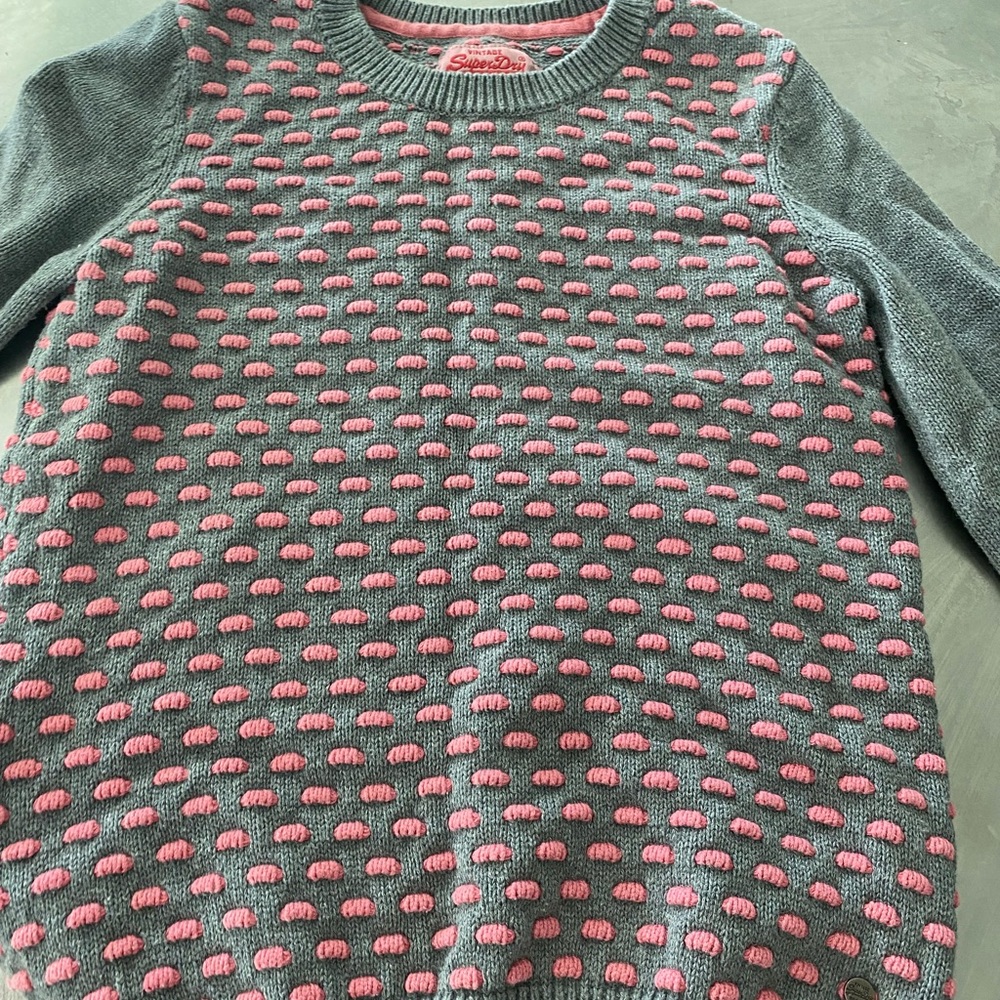 Superdry Sweater Grey & Pink polka dot MEDIUM